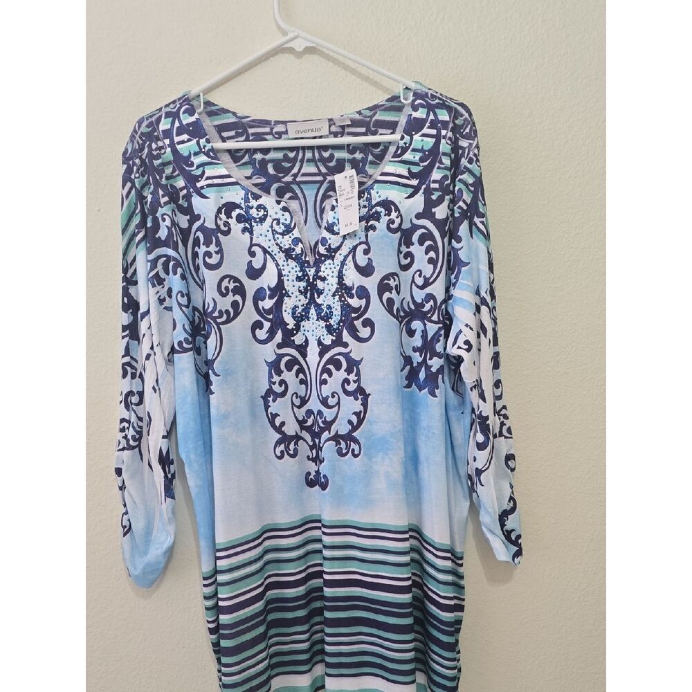 Avenue Blue Patterned 3/4 Sleeve Tunic Top 22/24